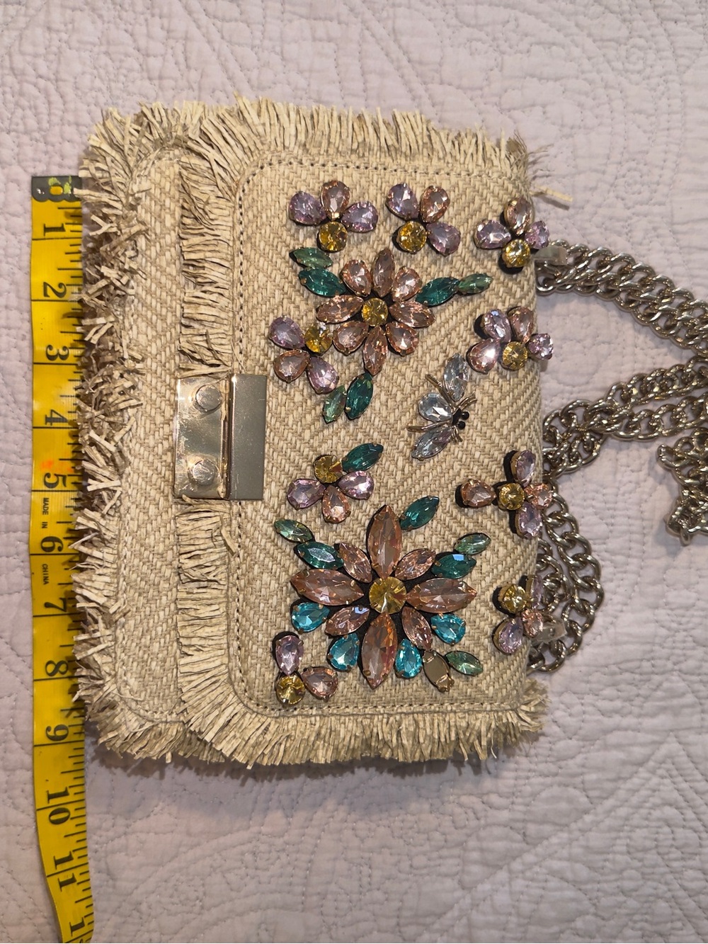 Embellished Straw Crossbody Bag in Natural with Multicolor Gems Zara